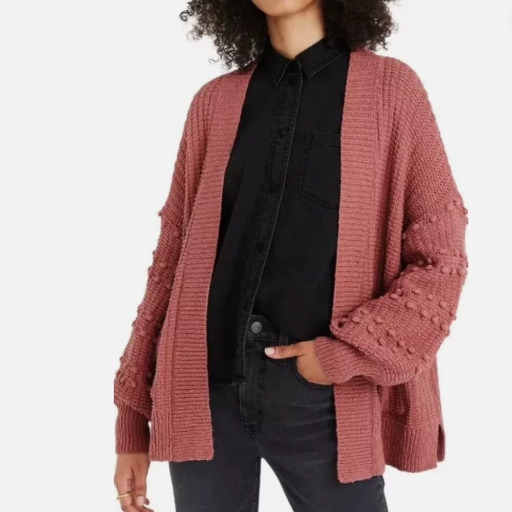 Madewell Bobble Pom Poms Balloon Sleeve Knit Cardigan Sweater Dusty Pink